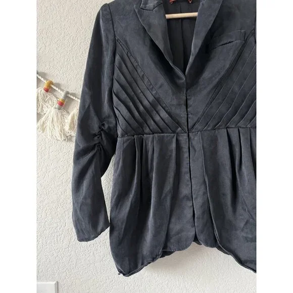 Alice + Olivia 100% Silk Navy Hook Eye Ruched Blazer Jacket Office Victorian S - Picture 4 of 11